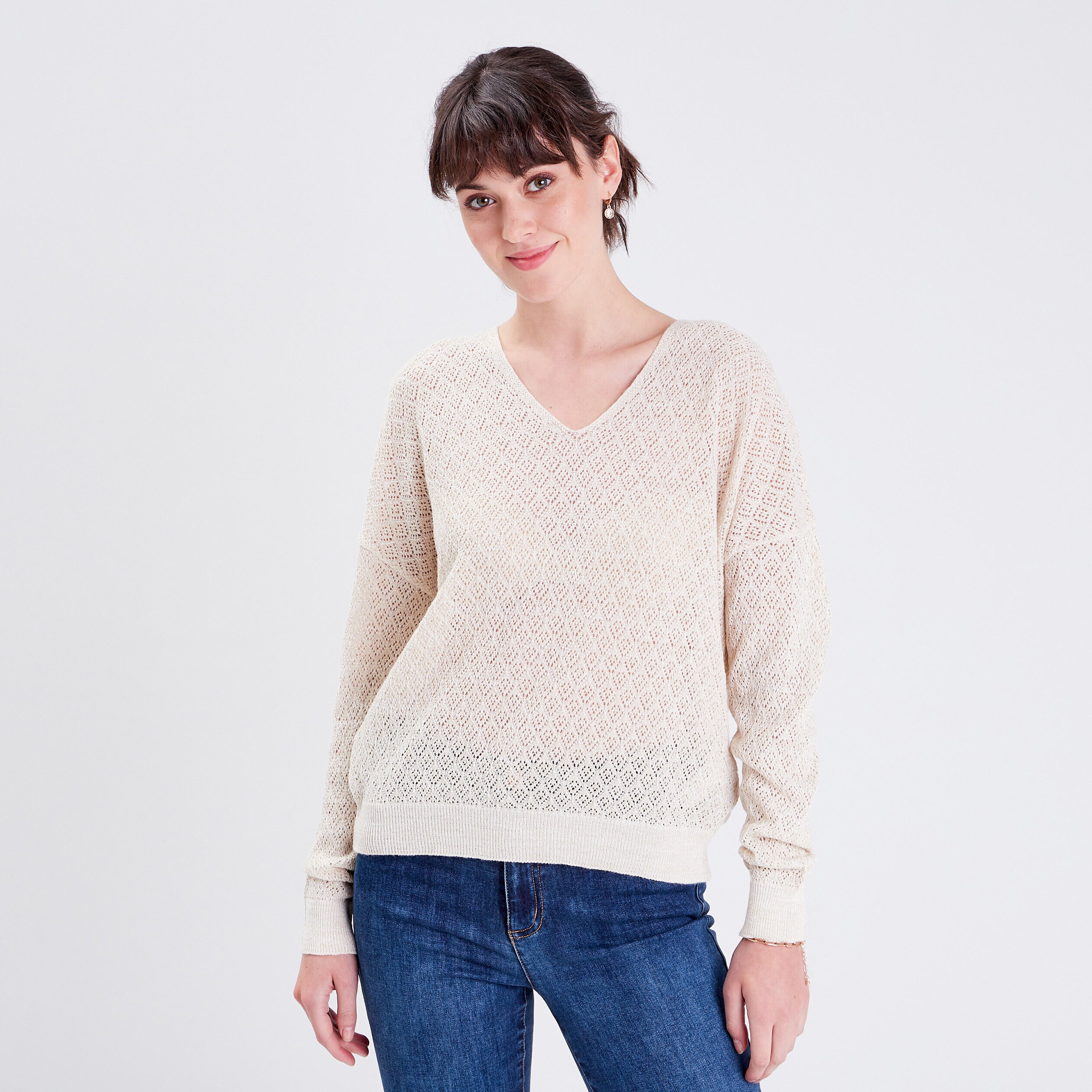 Pull manches longues ajouré ecru femme | Cache Cache