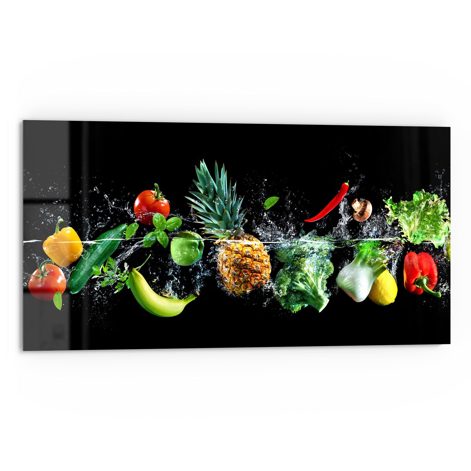 DEQORI Küchenrückwand 'Sauberes Obst und Gemüse', Glas Spritzschutz Badrückwand Herdblende