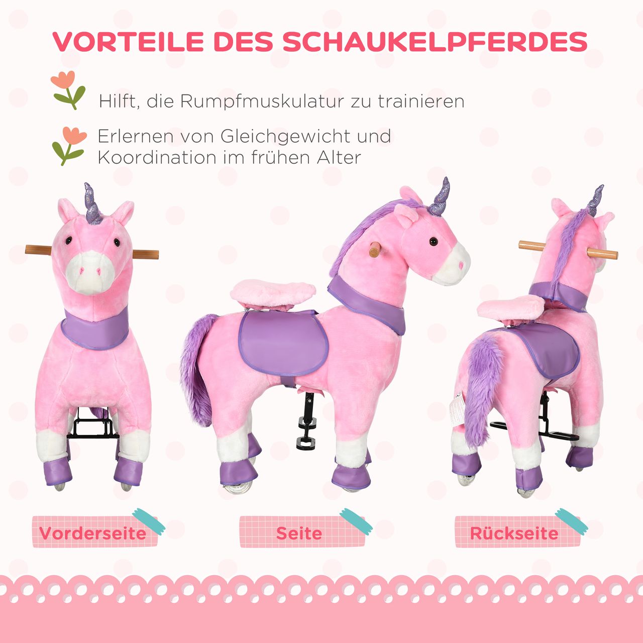 HOMCOM Reitpferd, Einhorn Stehpferd auf Rollen, Stehpferd mit 2 Pedalen, Rosa