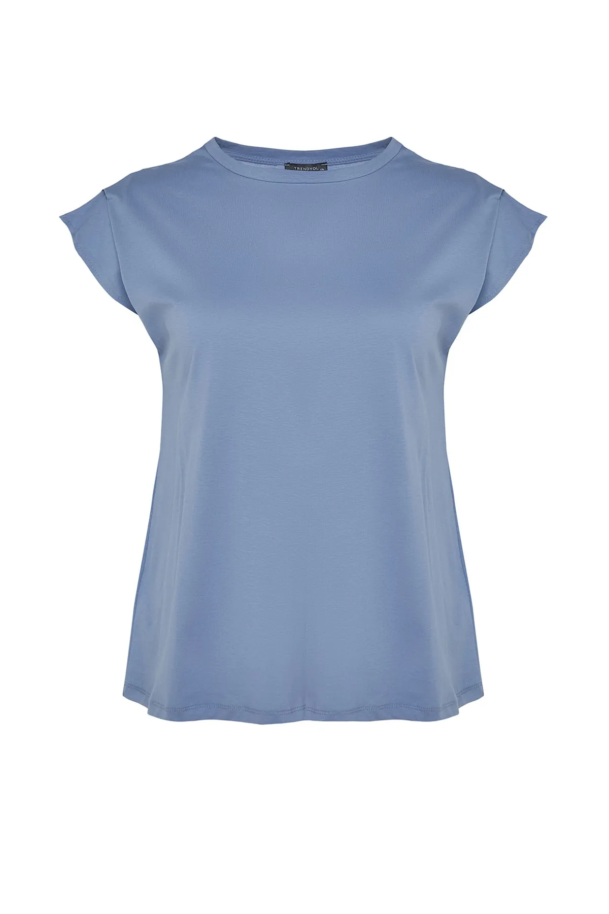 Trendyol Curve  Blaues, detailliertes Strick-T-Shirt mit Rundhalsausschnitt und Ärmeln TBBSS22BF0023