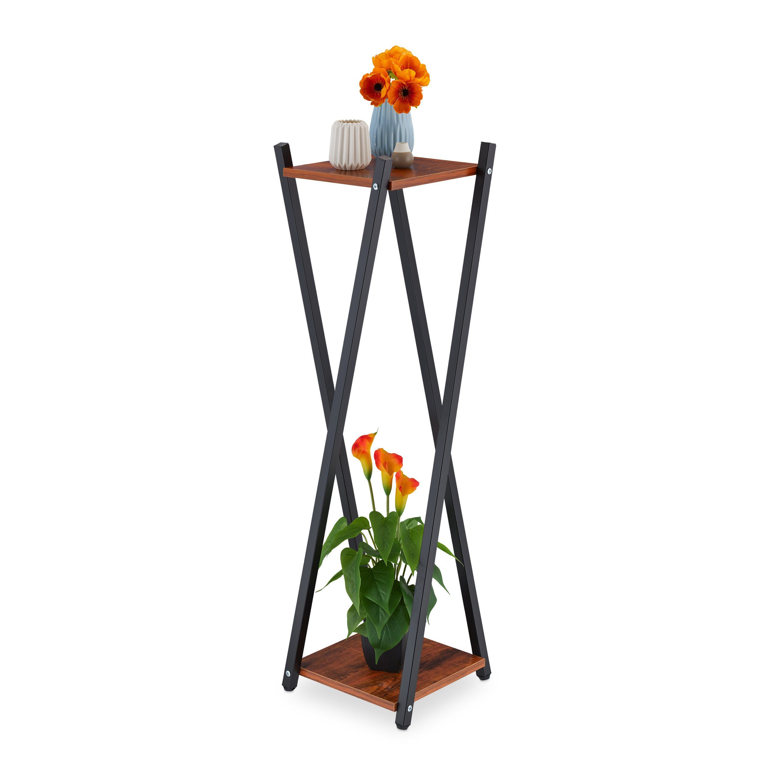 relaxdays Blumenhocker XL Blumenständer mit 2 Ebenen, Dunkelbraun
