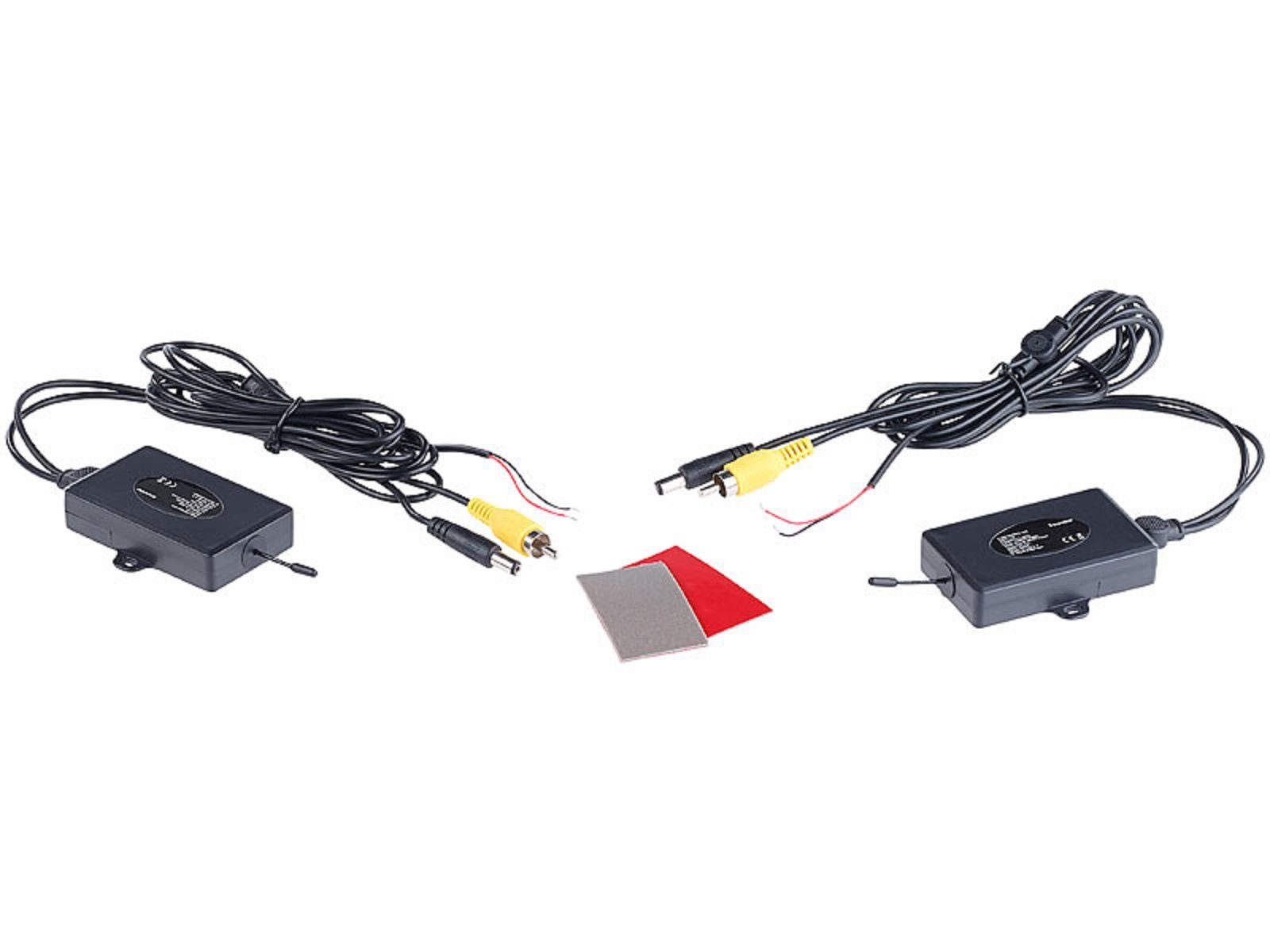Lescars Lescars Funk-Rückfahrkamera 10,9-cm-TFT-Monitor Nummernschild Rückfahrkamera (480 x 272 Pixel, 2x Video-Cinch und Strom-Adapterstecker mit 45cm Länge, Übertragung via Funk, somit keine Kabelverlegung nach Vorne nötig)