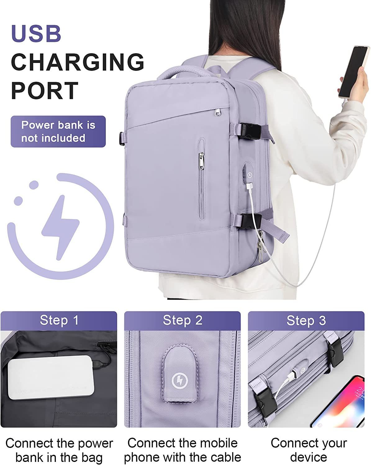 Directin Reiserucksack Reiserucksack, Lässiger Tagesrucksack Schultasche, Laptop Rucksack (Set, 26-40L, Für Laptop bis 15,6,16,17 Zoll, mit USB-Lade-Anschluss), mit 2 Laptopfach (passend für ein 15,6