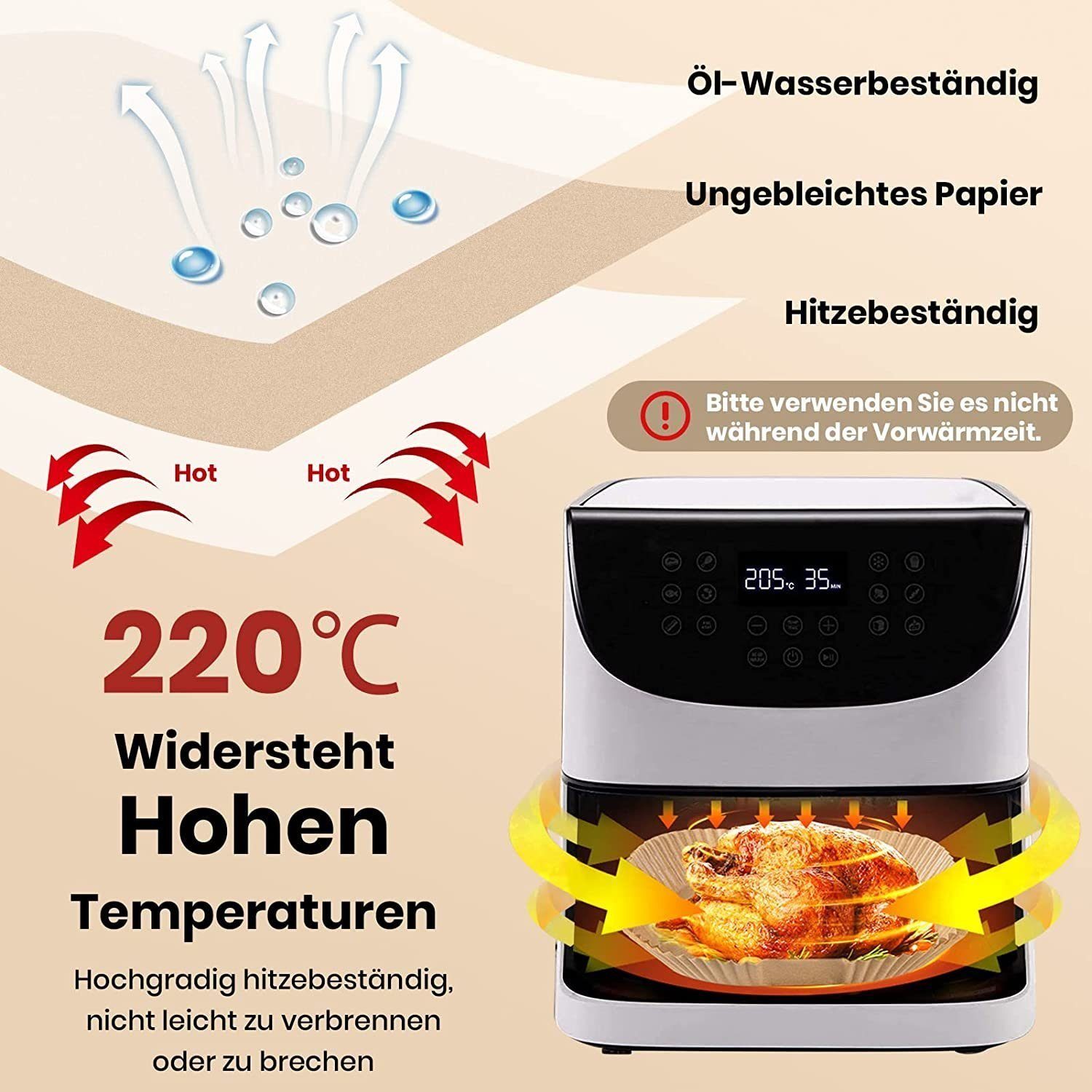 SOTOR Backpapier 200 Stück Backpapier für Heißluftfritteuse, quadratisches Backpapier, Nicht klebend, Einweg, ölbeständig Backpapier Airfryer, 16.5cm/20cm