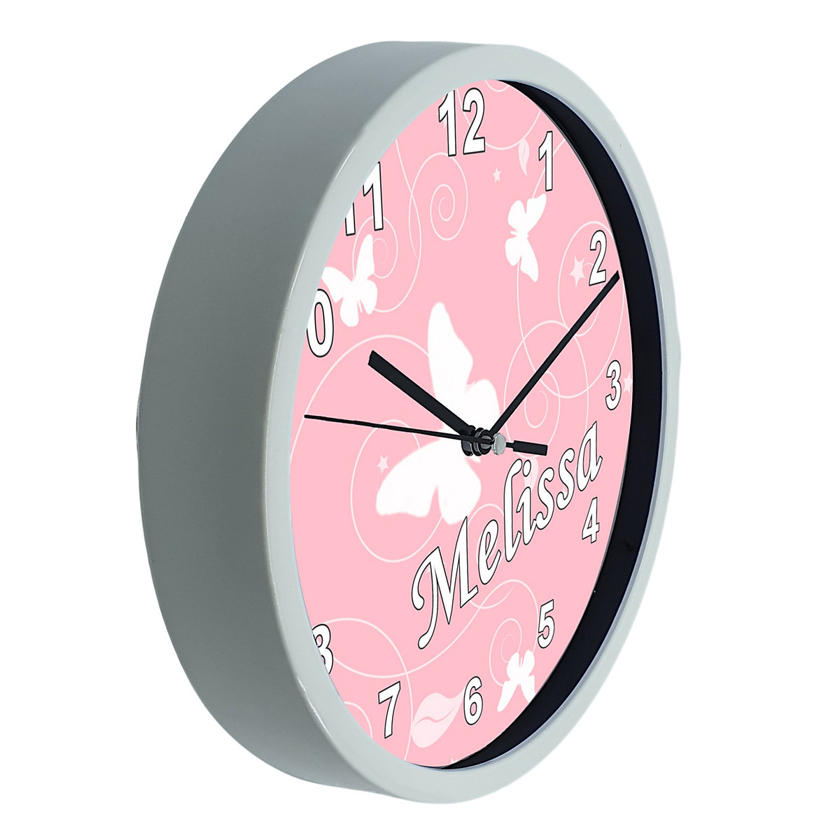 Kinder Wanduhr laufruhig personalisiert mit Name Schmetterling Altrosa