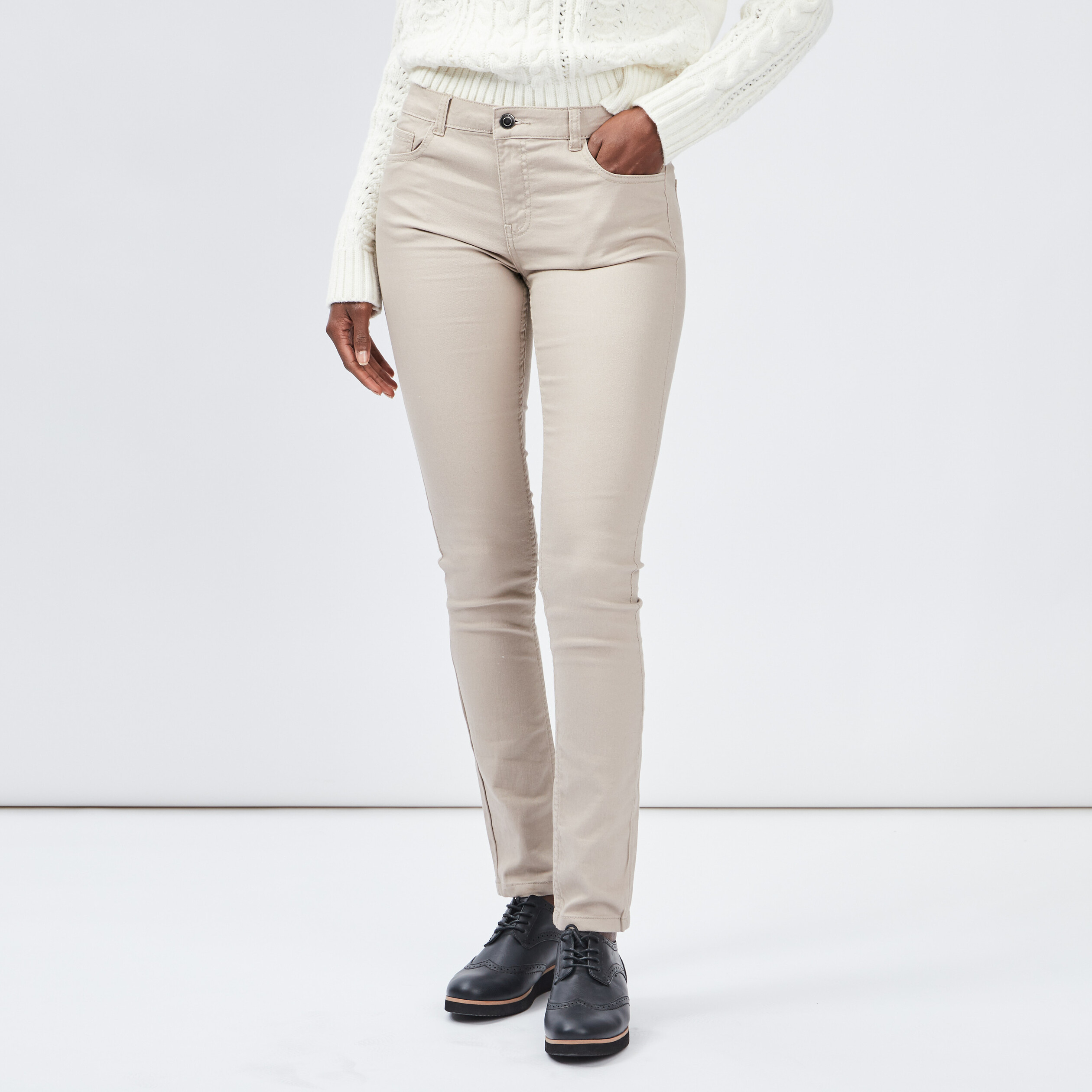 Pantalon slim taille basse beige femme | La Halle