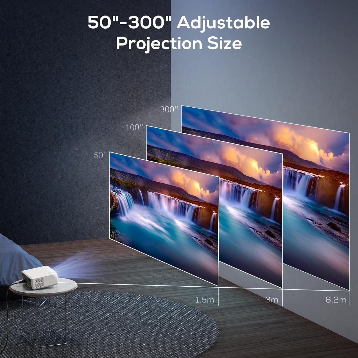 AKIYO Portabler Projektor (20000 lm, 12.000:1, 1080P px, 4K Unterstützung, Heimkino Video Beamer Maximal 300“ Display Projektor)