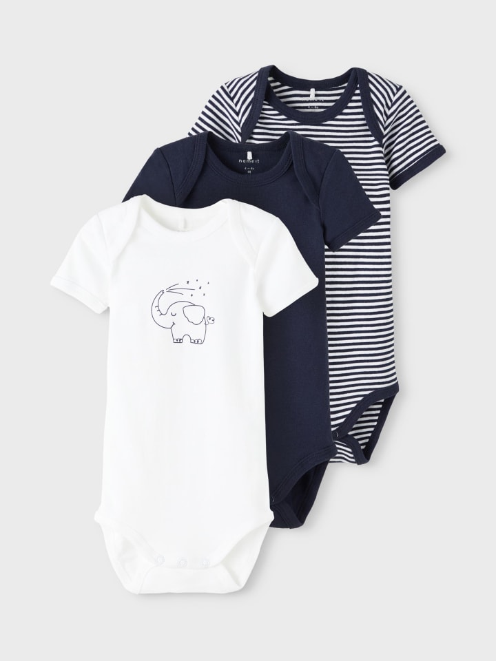 name it Baby kurzarm Body im 3er Pack mit Elefanten Motiv in Blau günstig kaufen