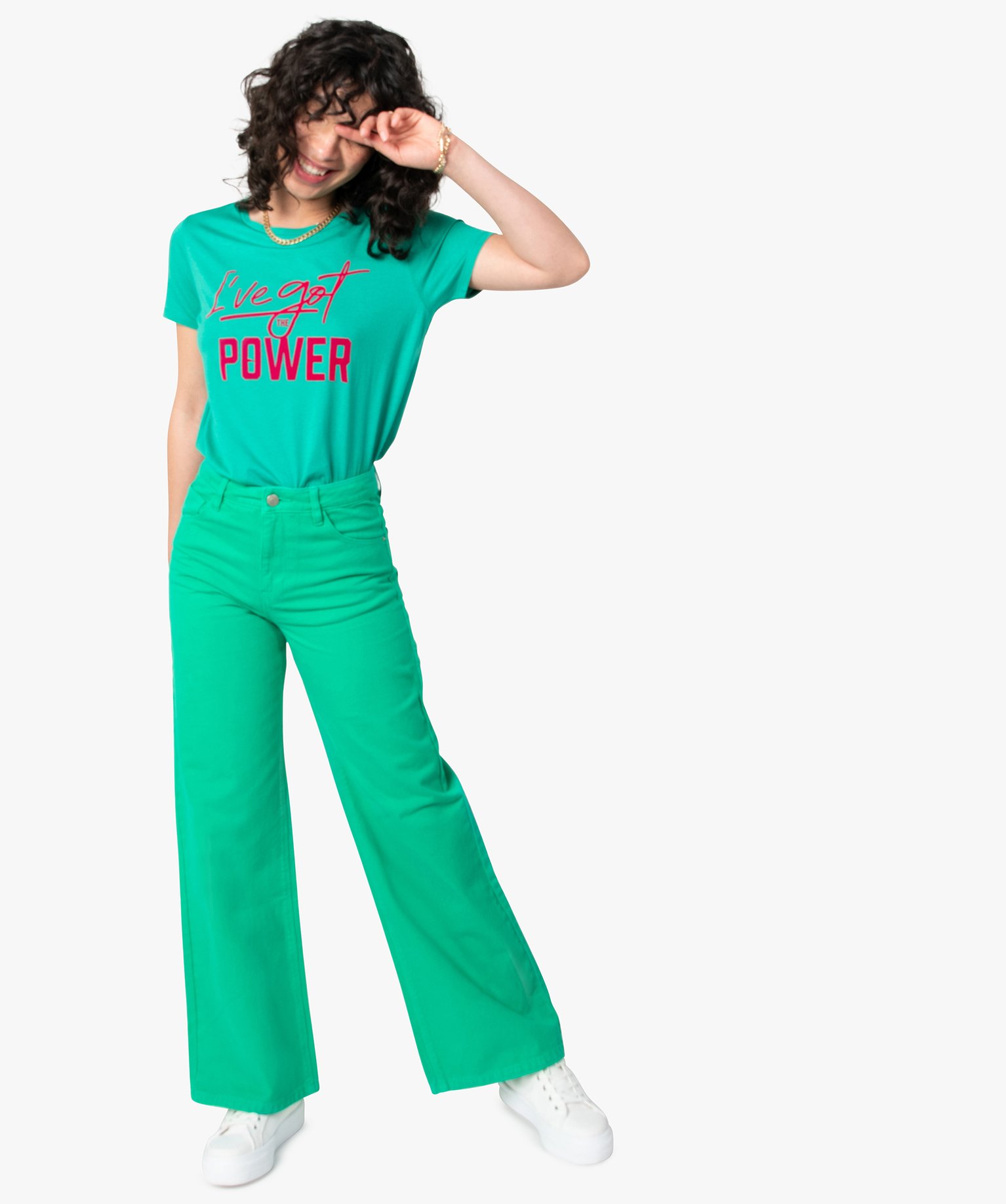 Jean femme coupe large taille haute vert | GEMO