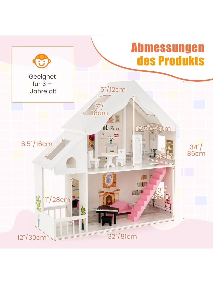 COSTWAY Puppenhaus ab 3 Jahren 81x30x86cm in Weiß günstig kaufen onesize