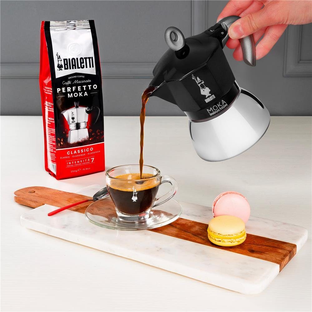 BIALETTI Espressokocher New Moka 6 Tassen, 0,28l Kaffeekanne, Alu/Stahl Induktions-/Gas-/Elektroherd Campingkocher Silber/Schwarz