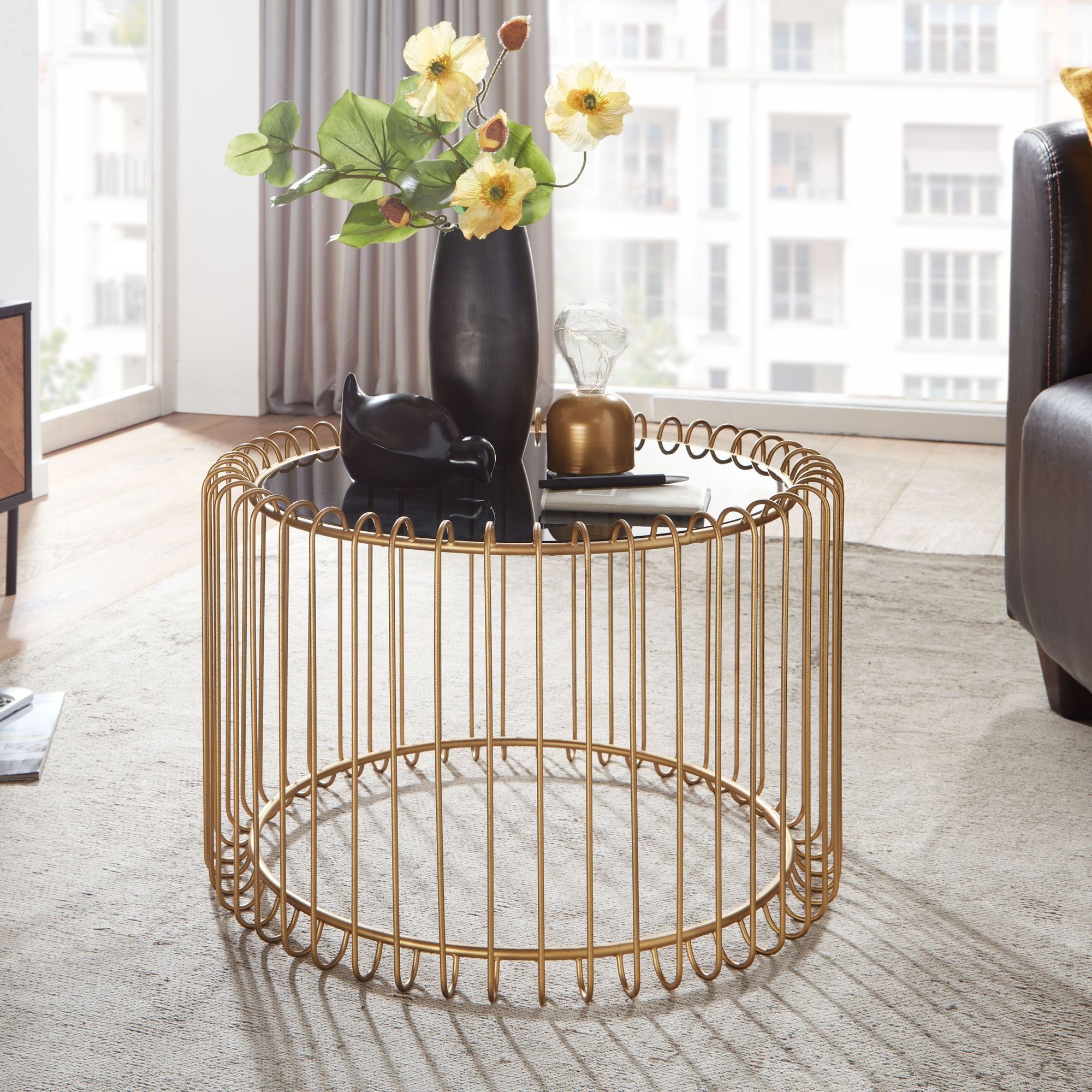 FINEBUY Couchtisch FB41451 (60x60x40 cm Gold, Sofatisch Metall Glas Rund), Wohnzimmertisch Korbtisch, Tisch Wohnzimmer