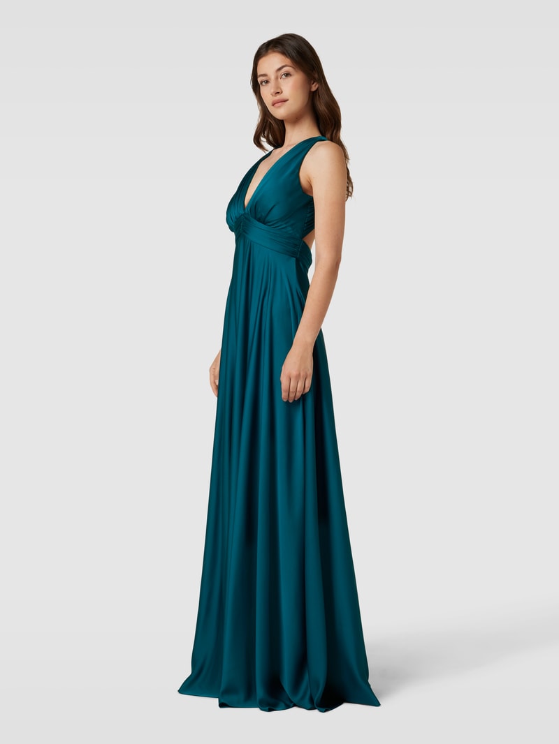 Abendkleid mit Raffungen in dunkelgrün meliert