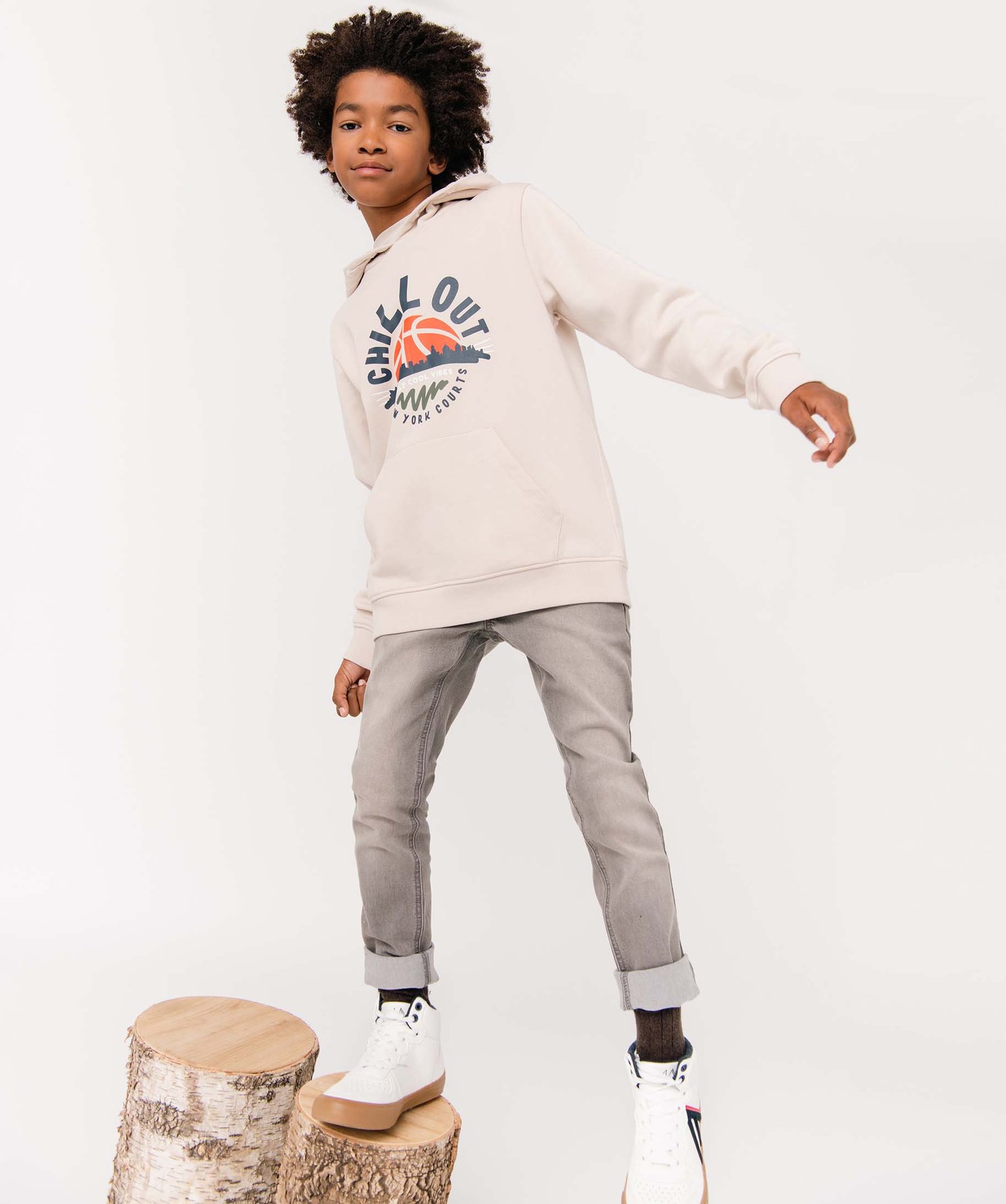 Sweat Garçon à capuche en molleton chaud imprimé beige | GEMO