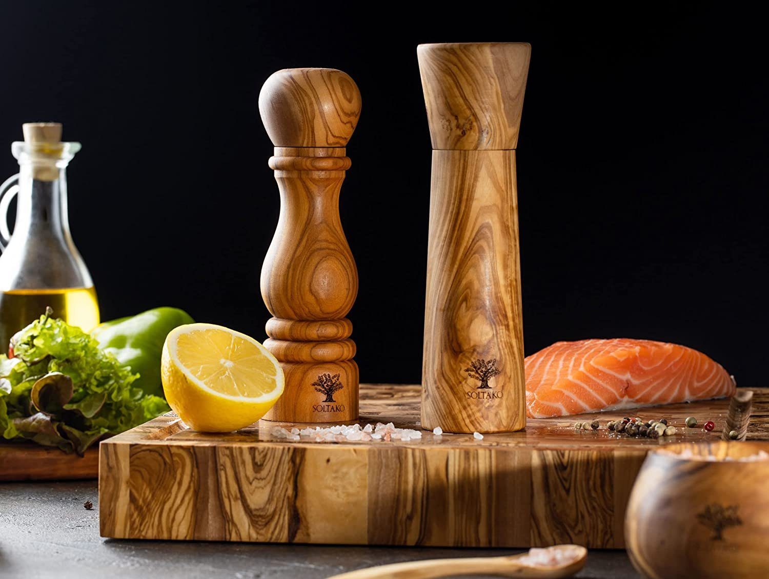 SOLTAKO Salz-/Pfeffermühle Olivenholz Salz und Pfeffermühlen Set 