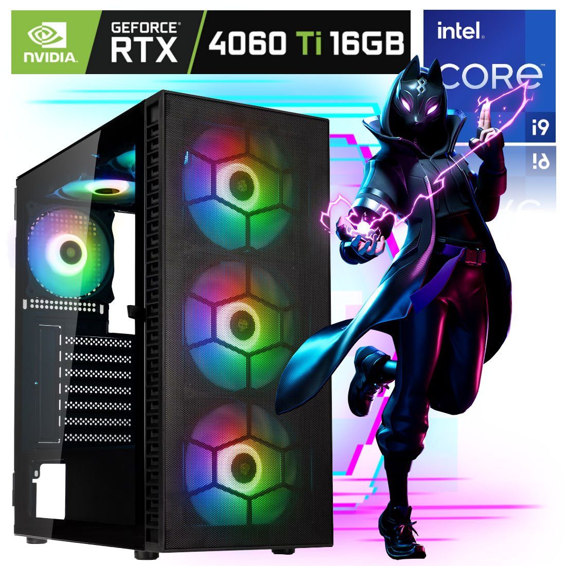 Meinpc Firestorm i9 RTX 4060 16G Gaming-PC (Intel Core i9, Nvidia GeForce RTX 4060 Ti 16GB, 32 GB RAM, 1000 GB SSD, RGB Tower, Windows 11 Pro, Gaming, Gamer, RGB)