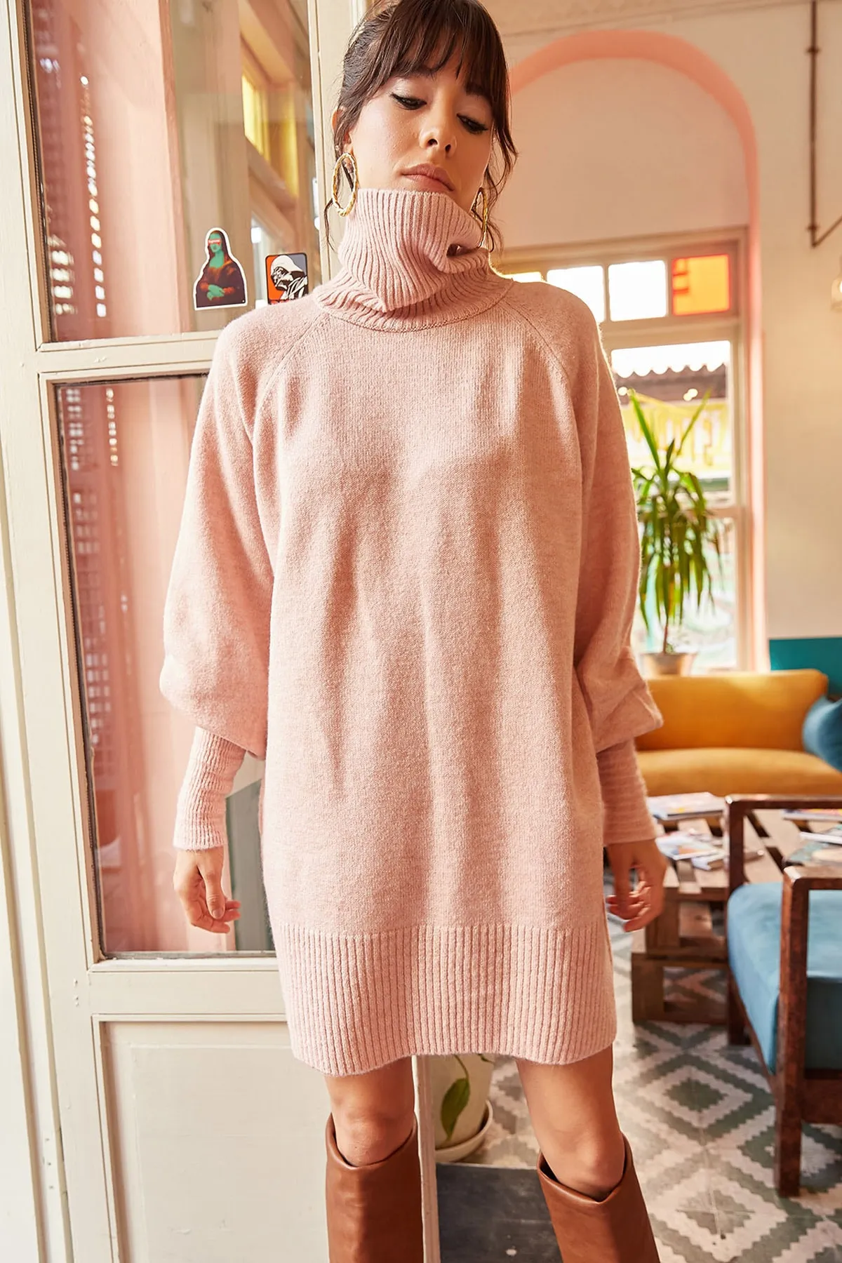 Olalook  Damen-Puder-Rollkragenpullover mit Ballonärmeln, lockeres Strickkleid ELB-19000867