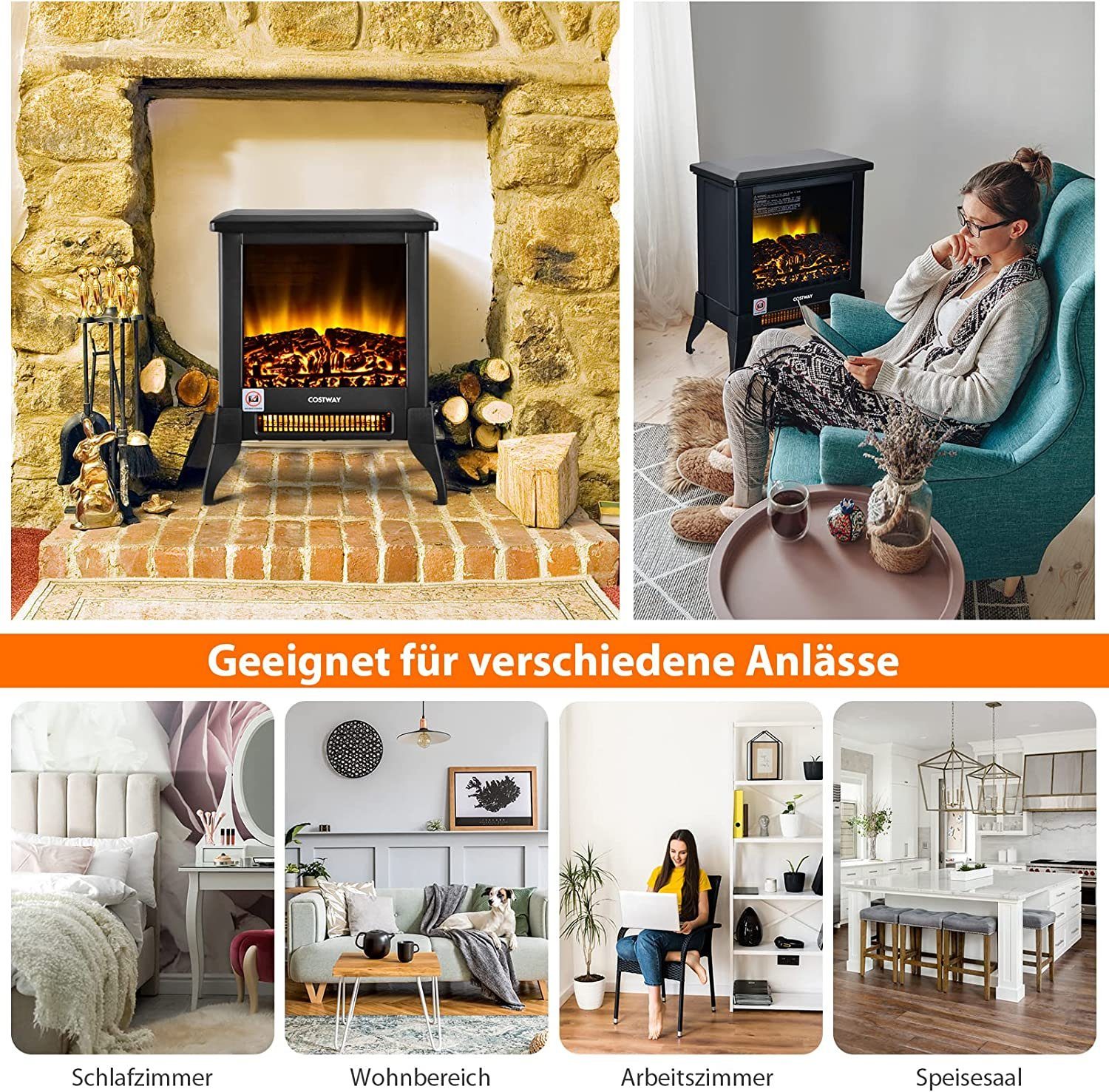 COSTWAY Elektrokamin, 1800W, Flammeneffekt, Temperatur 20-35°C einstellbar