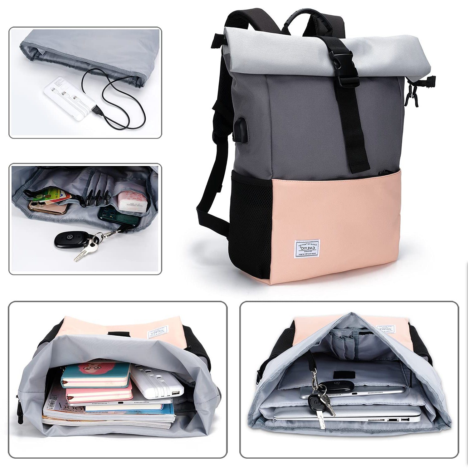 TAN.TOMI Freizeitrucksack Arbeitsrucksack Groß Damen lässiger Rolltop Rucksack Herren Backpack, mit Laptopfach bis 15,6 zoll und externen USB-Anschluss