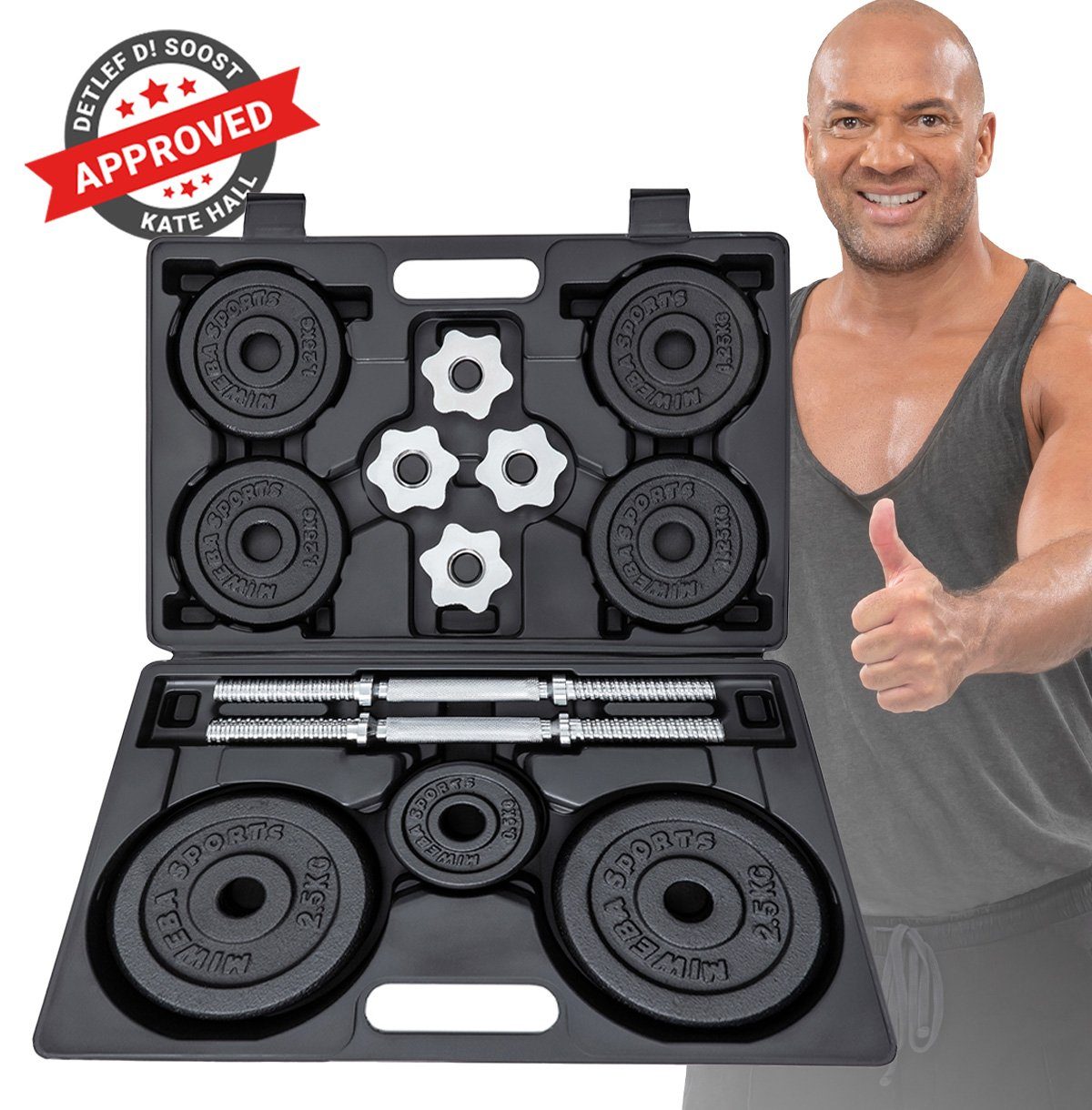 Miweba Sports Hantel-Set Profi Hantel Set MKH120 inkl. Transportkoffer - 20 kg, (Sternverschlüsse - Hantelstangen - Gusseisen & Stahl - rutschfest - Muskelaufbau - Sport - Workout, 2 x 10 kg, 12 Hantelscheiben), 19 teilig - Fitness Training Krafttrai