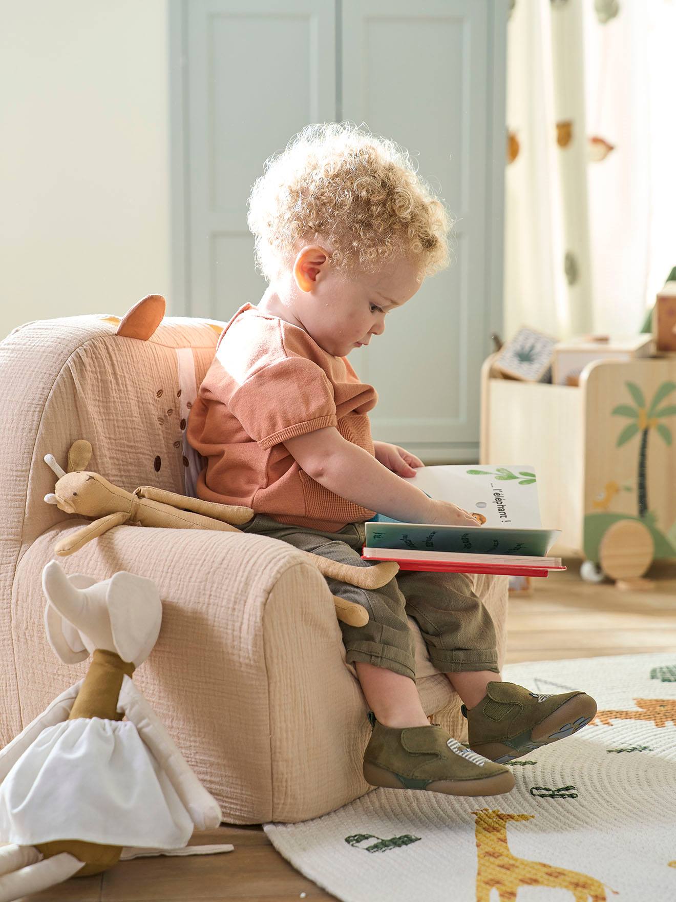 Vertbaudet Weicher Kinderzimmer Sessel TIGER mit Musselin-Bezug, personalisierbar - pulver beige