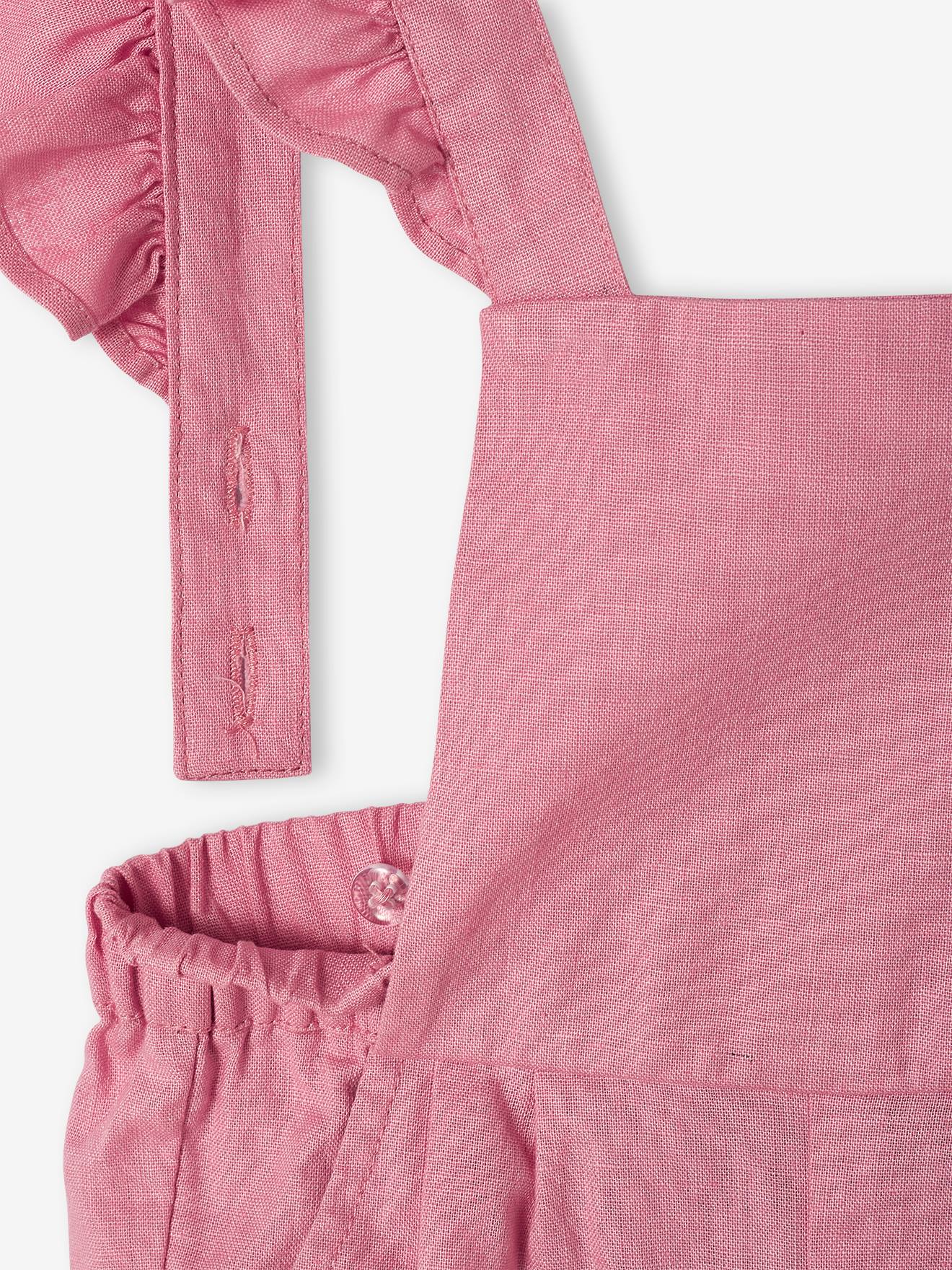 Salopette à volant bébé en lin et coton rose