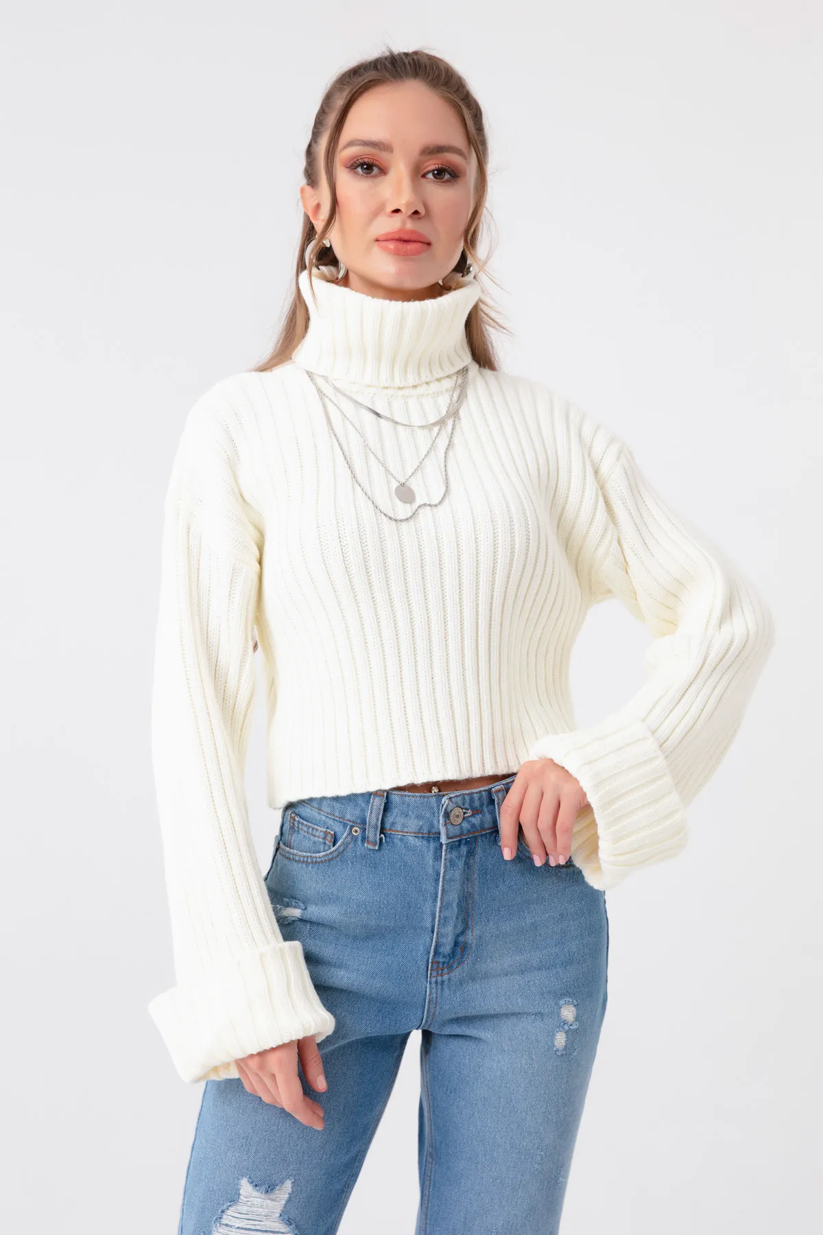 Lafaba  Ecrufarbener, breiter, gerippter Rollkragenpullover für Damen