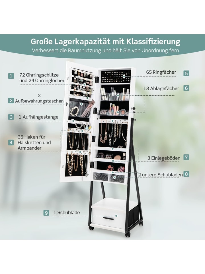 COSTWAY Schmuckschrank mit Spiegel in Weiß günstig kaufen 38 cm