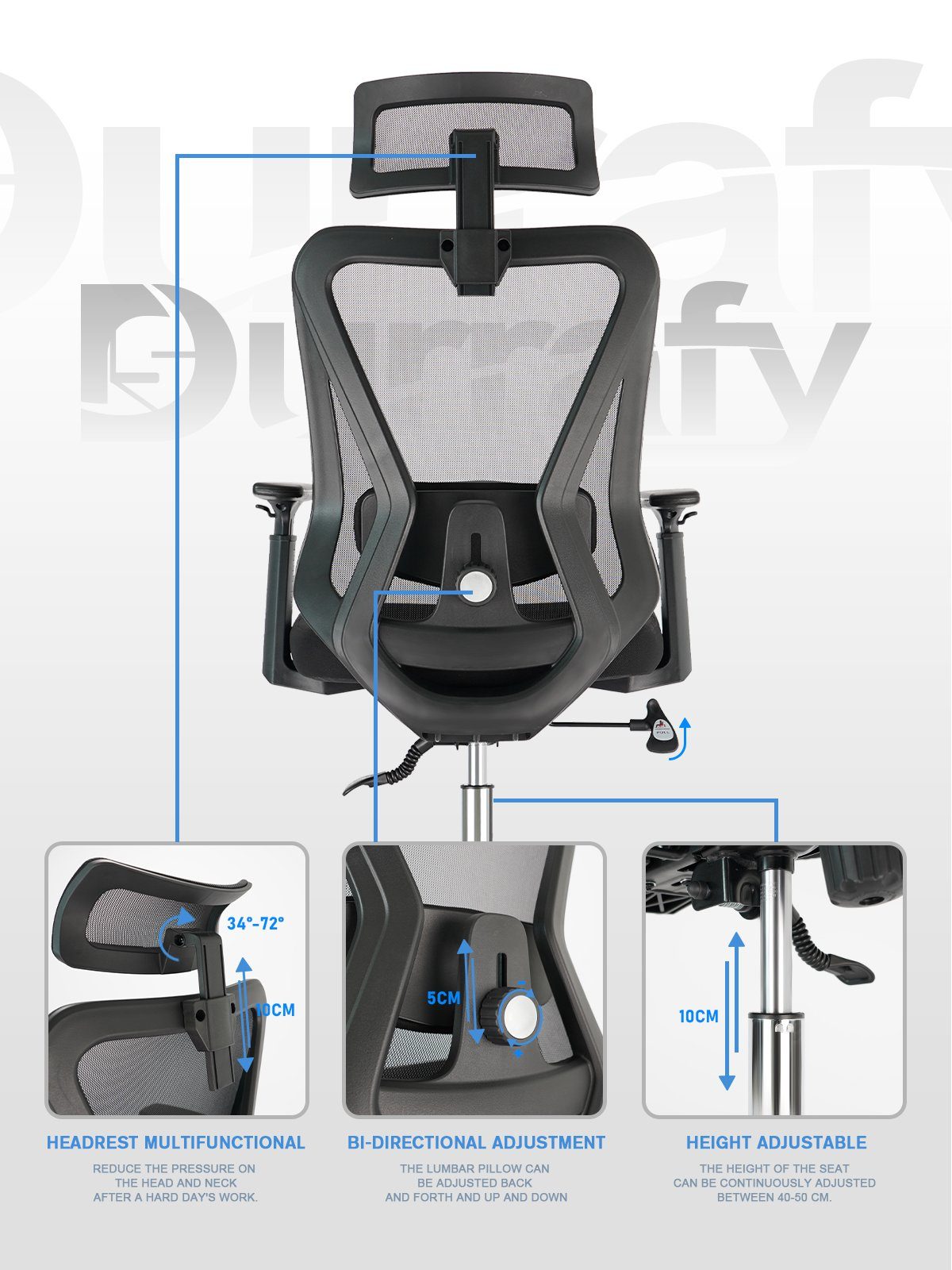Durrafy Chefsessel Bürostuhl,Ergonomische Bürostühle,Schreibtischstuhl,Computerstuhl, Drehstuhl, Wippfunktion von 90° bis 130°, 150kg belastbar, leise Rolle