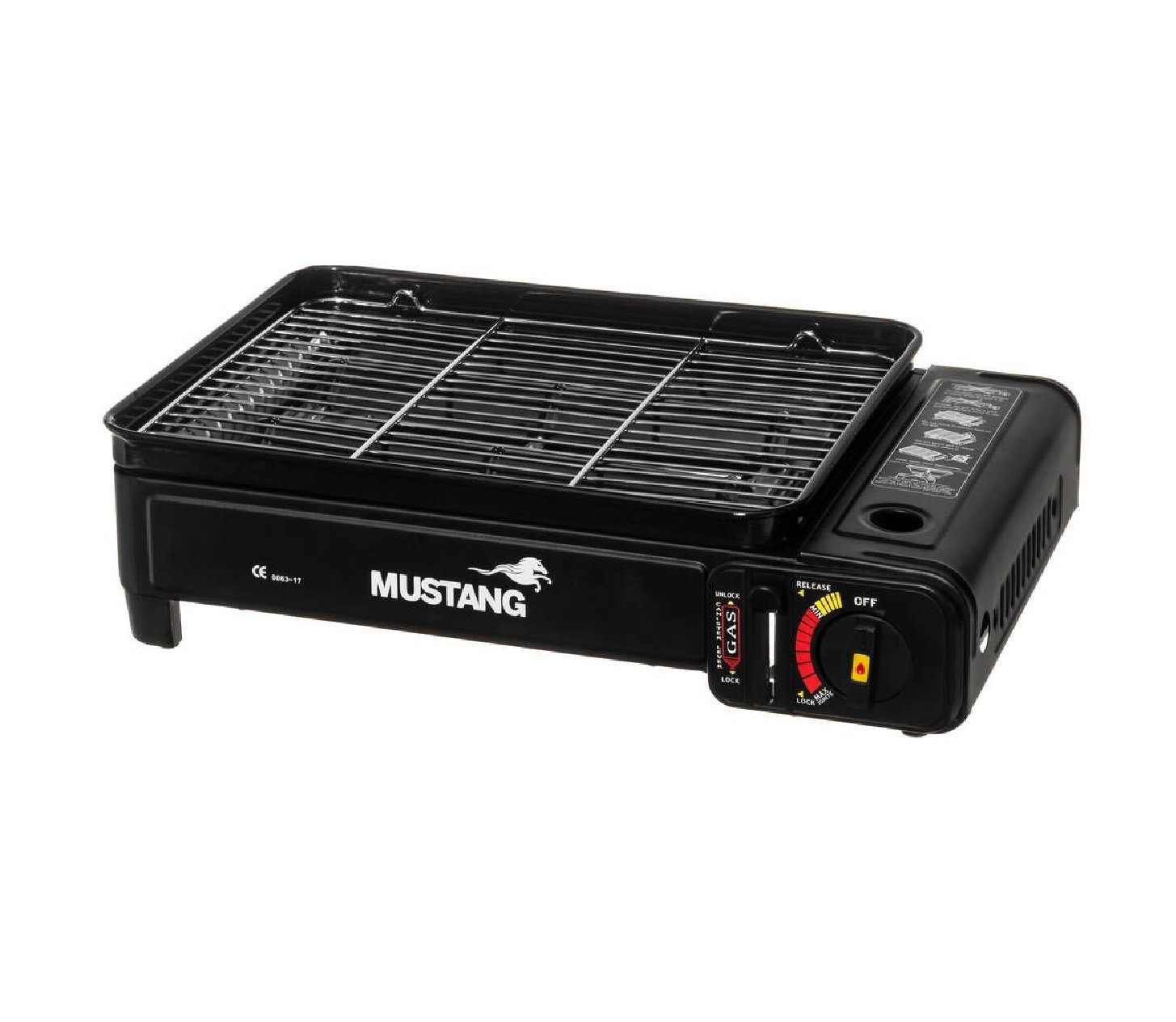 JUNG Gaskocher MUSTANG mobiler Campingkocher Gaskocher &Gasgrill inkl 4 Gaskartuschen, (2 in 1 Gaskocher, Extra groß, praktischer Transportkoffer), mit Piezo-Zündung, Extra groß - 43x28x11,2cm, mit Grillrost