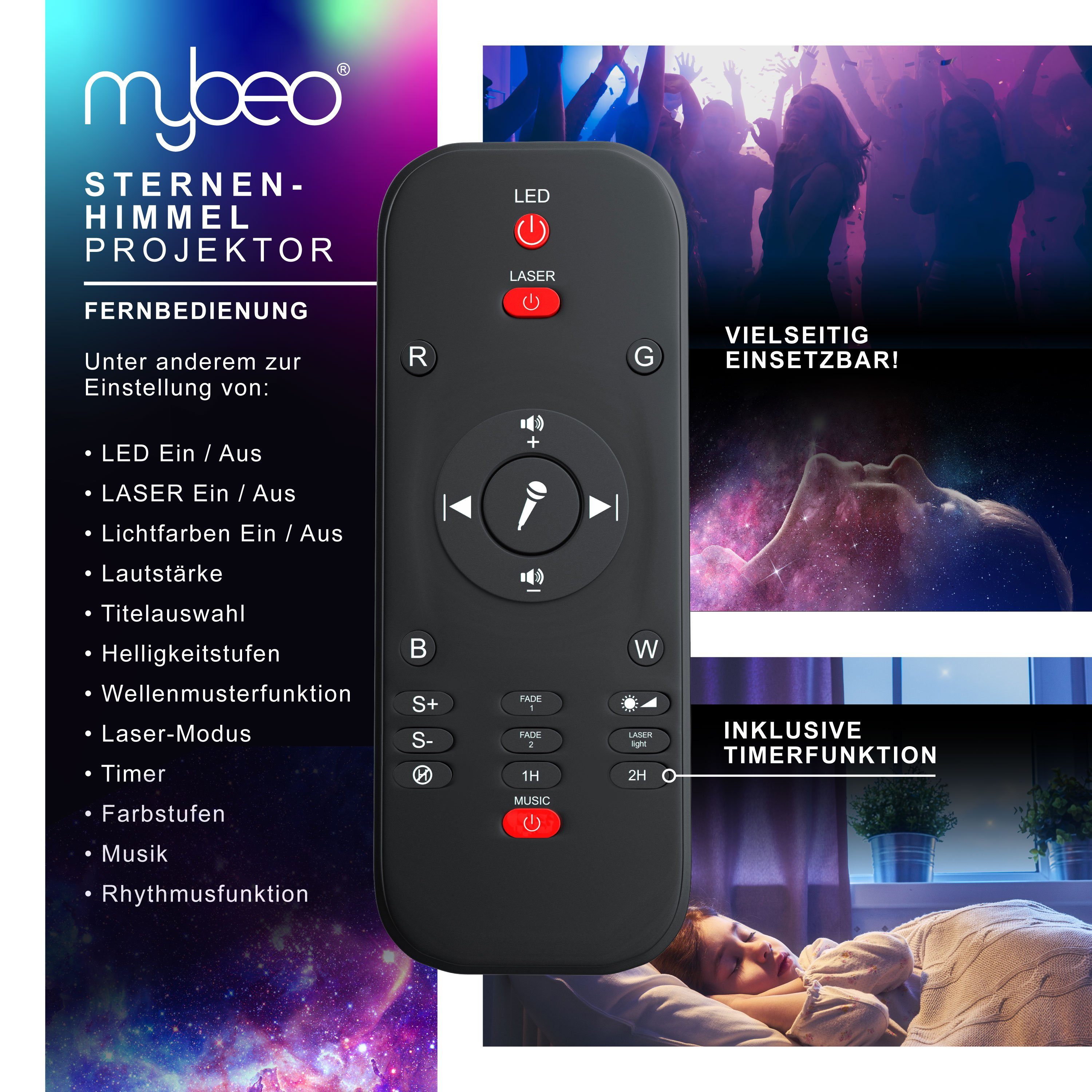 MyBeo LED-Sternenhimmel, Dimmfunktion; Ein-/Ausschalter; Farbwechsel, LED fest integriert, LED Sternenprojektor 360°, Timer, Kinder, Sternenhimmel Nachtlicht