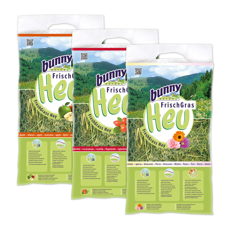 Bunny Futter & Heu Bunny Frischgras-Heu Set 3x500g Karotte, Kamille & Vital-Gemüse