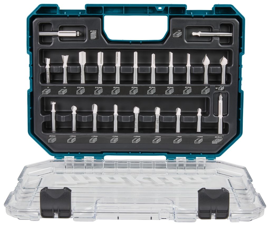 Set de freze Makita Accessories D-74784, 8 mm, 22 de piese în cutie de plastic