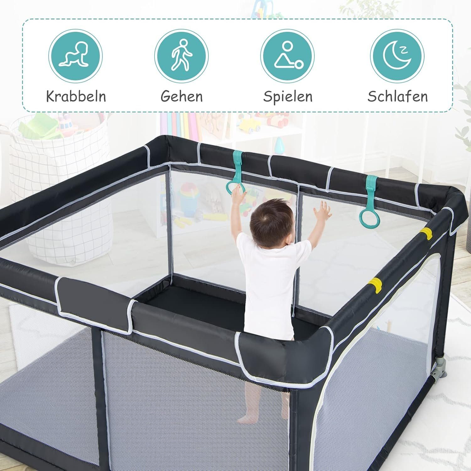 KOMFOTTEU Laufstall Baby, mit Atmungsaktivem Netz & Reißverschluss, 124 x 124cm