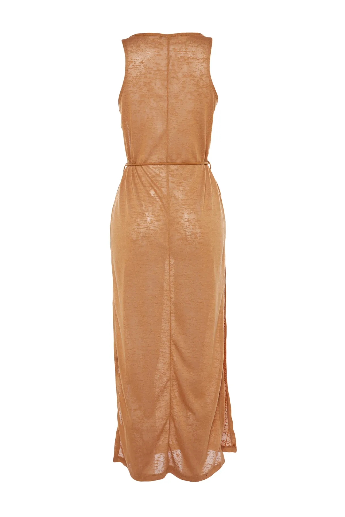 Trendyol Collection  Kamelfarbenes, gestricktes Maxi-Strandkleid mit Schlitz und Gürtel TBESS21EL2991