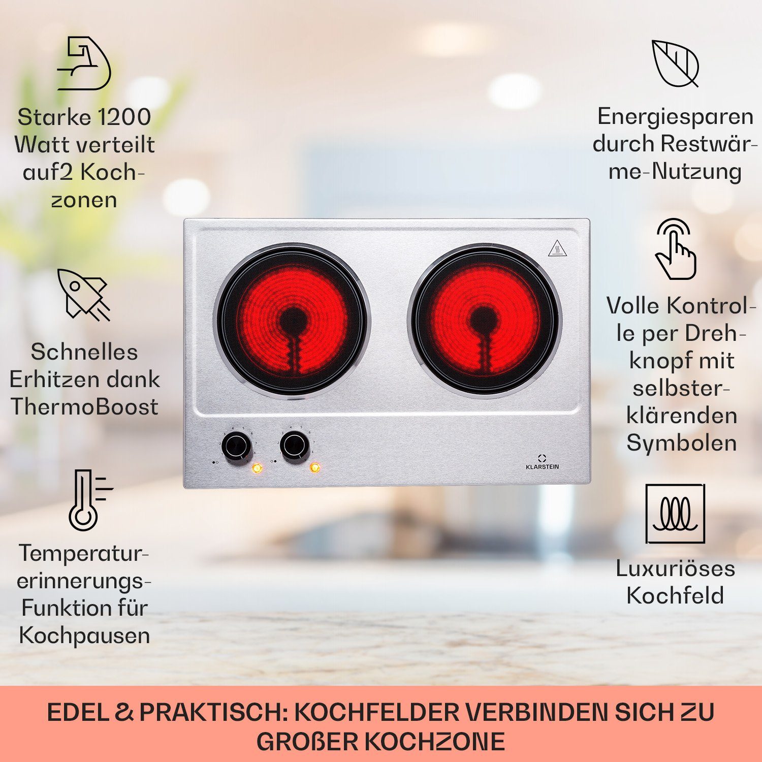 Klarstein Induktions-Kochfeld Ramsey Doppel-Kochfeld 2400W 11 Leistungsstufen Glaskeramik LC4-Ramsey-SLV, Kochfeld 2 Zonen Glaskeramik Elektrokochfeld
