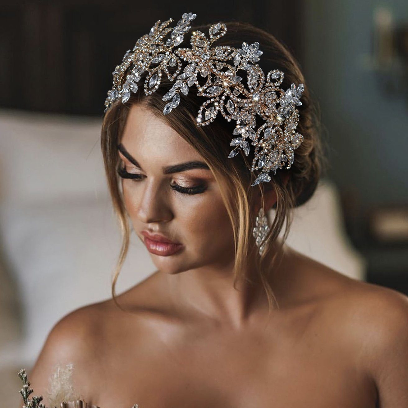 HOHEA H Haarband Goldene Haaraccessoires, Brauthaarnadeln, Kristallkrone, 1-tlg., Hochzeit Kristall Haarranke Blumenblatt Haarschmuck, Kristall-Stirnband, Hochzeits-Haarschmuck, Braut-Haarschmuck