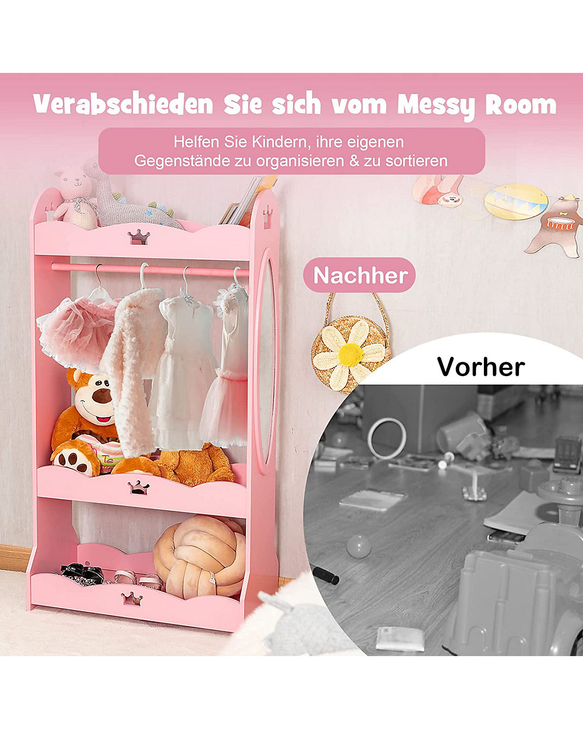 Kleiderschrank Kinder mit Spiegel 3 Ebenen