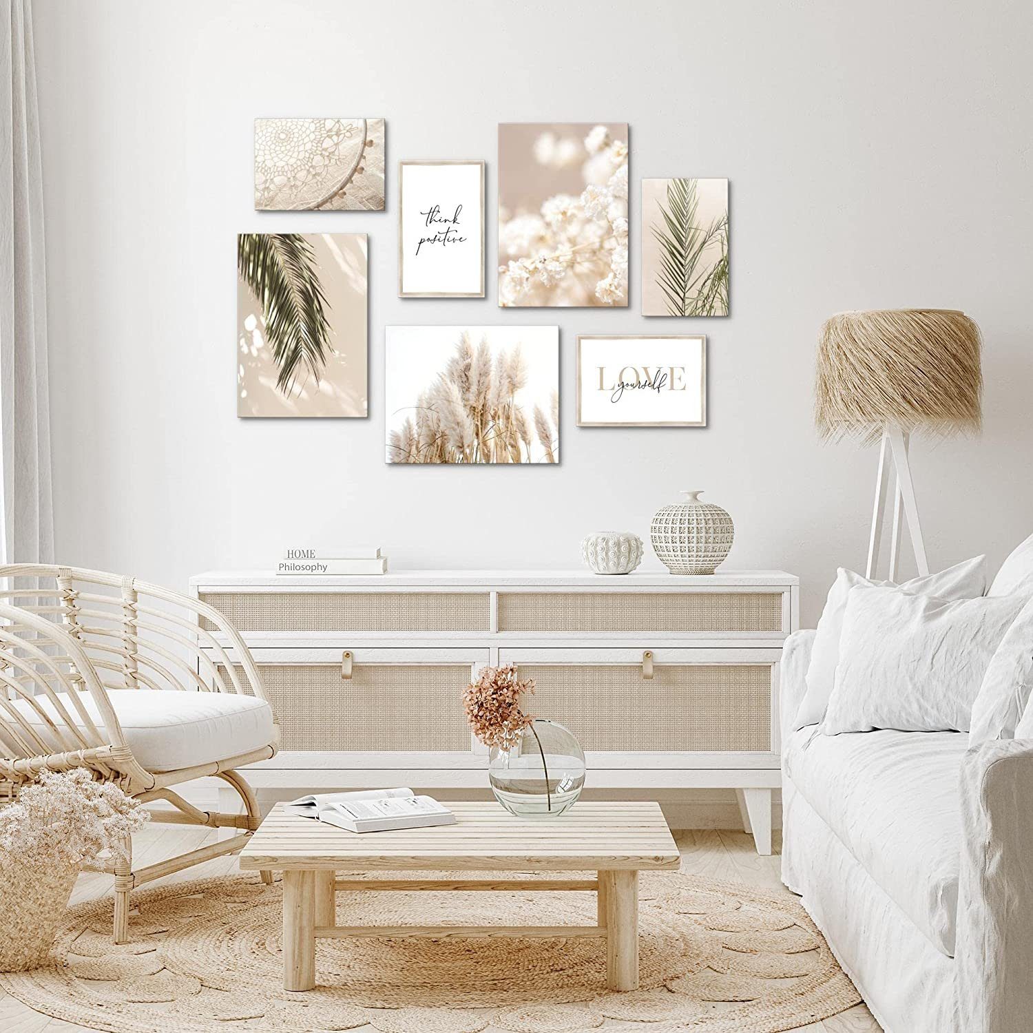 Novart Wandbild Wandbilder Wohnzimmer Boho Vintage Natur Wohnzimmer AUFHÄNGFERTIG, Pampasgras, 100 x 70 cm