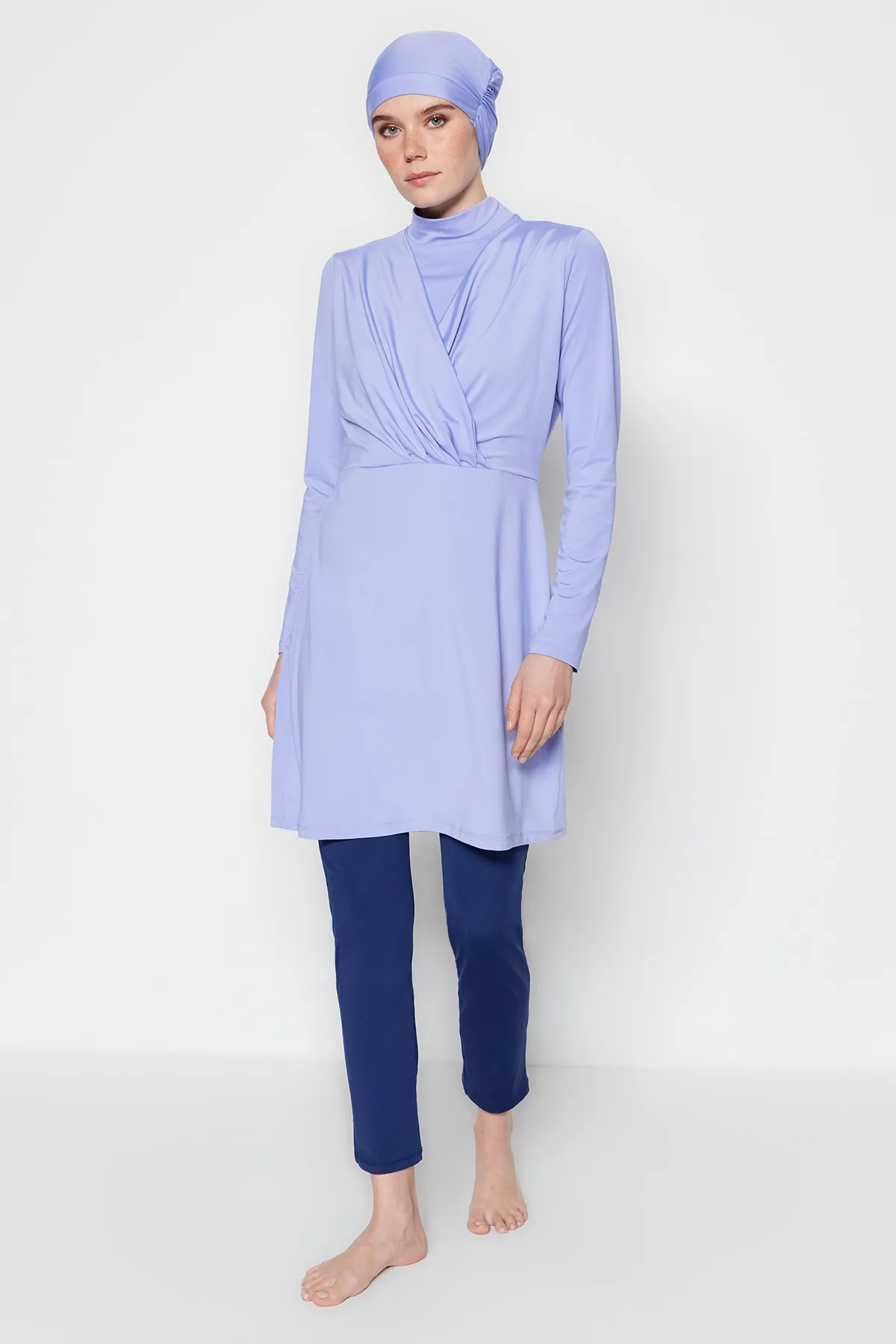 Trendyol Modest  Lila drapiertes, detailliertes, vollständig bedecktes, gestricktes Lycra-4-teiliges Badeanzug-Set TCTSS23CF00001