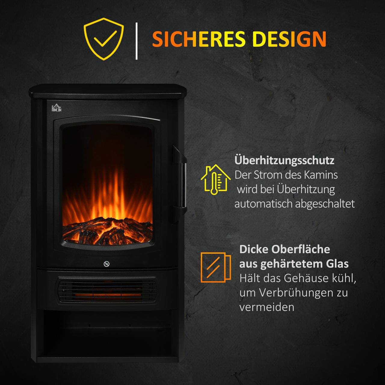 HOMCOM LED Elektrokamin Standkamin Kaminofen mit Flammeneffekt 1000/2000W Innenraumheizung Heizlüfter Panorama-Sichtfenster Elektrischer Kamin mit Heizung 2 Heizstufen Stahl Schwarz 44,5 x 32 x 74 cm