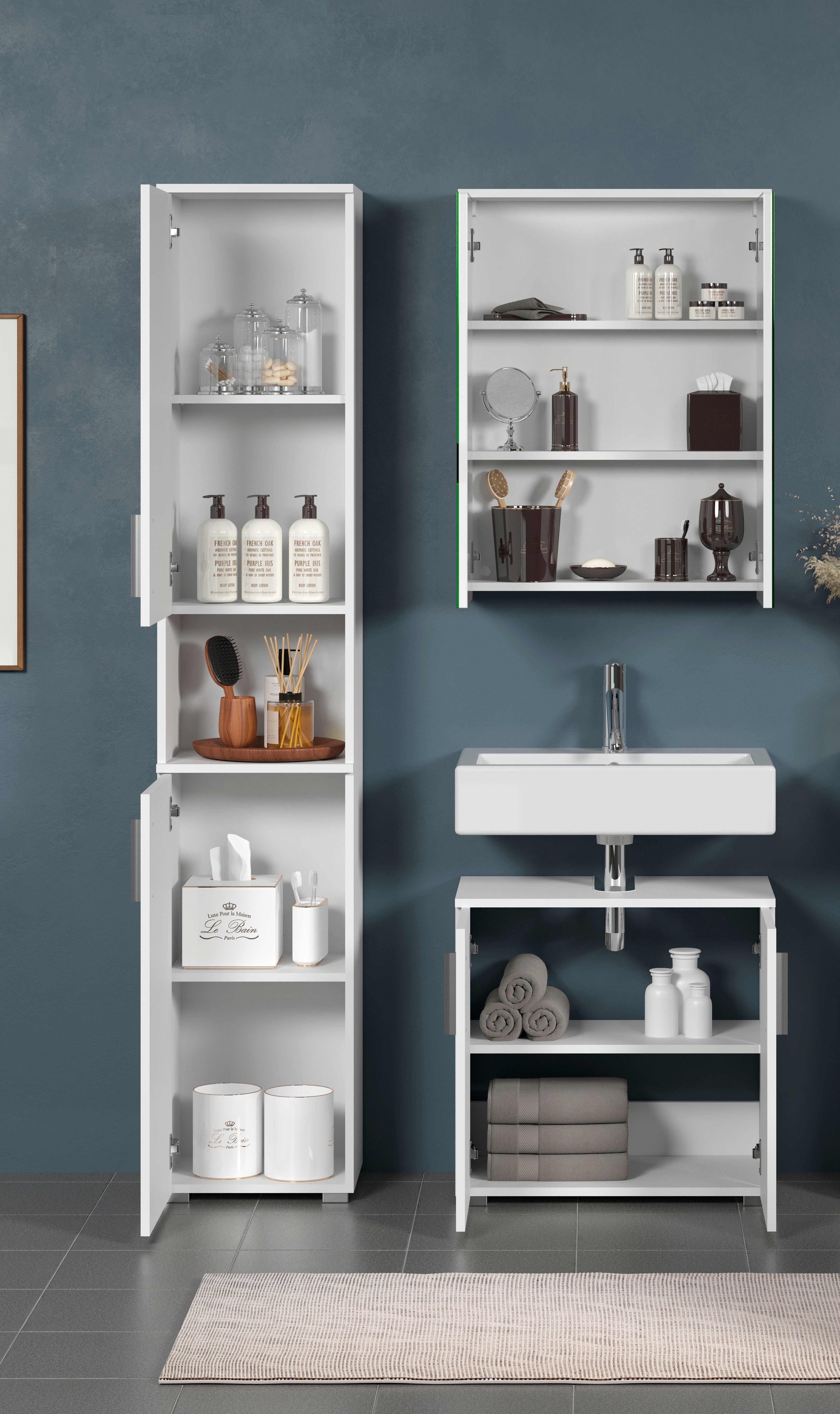 welltime Badezimmer-Set Prag, (Set, 3-St), Hochschrank, Waschbeckenunterschrank & Spiegelschrank