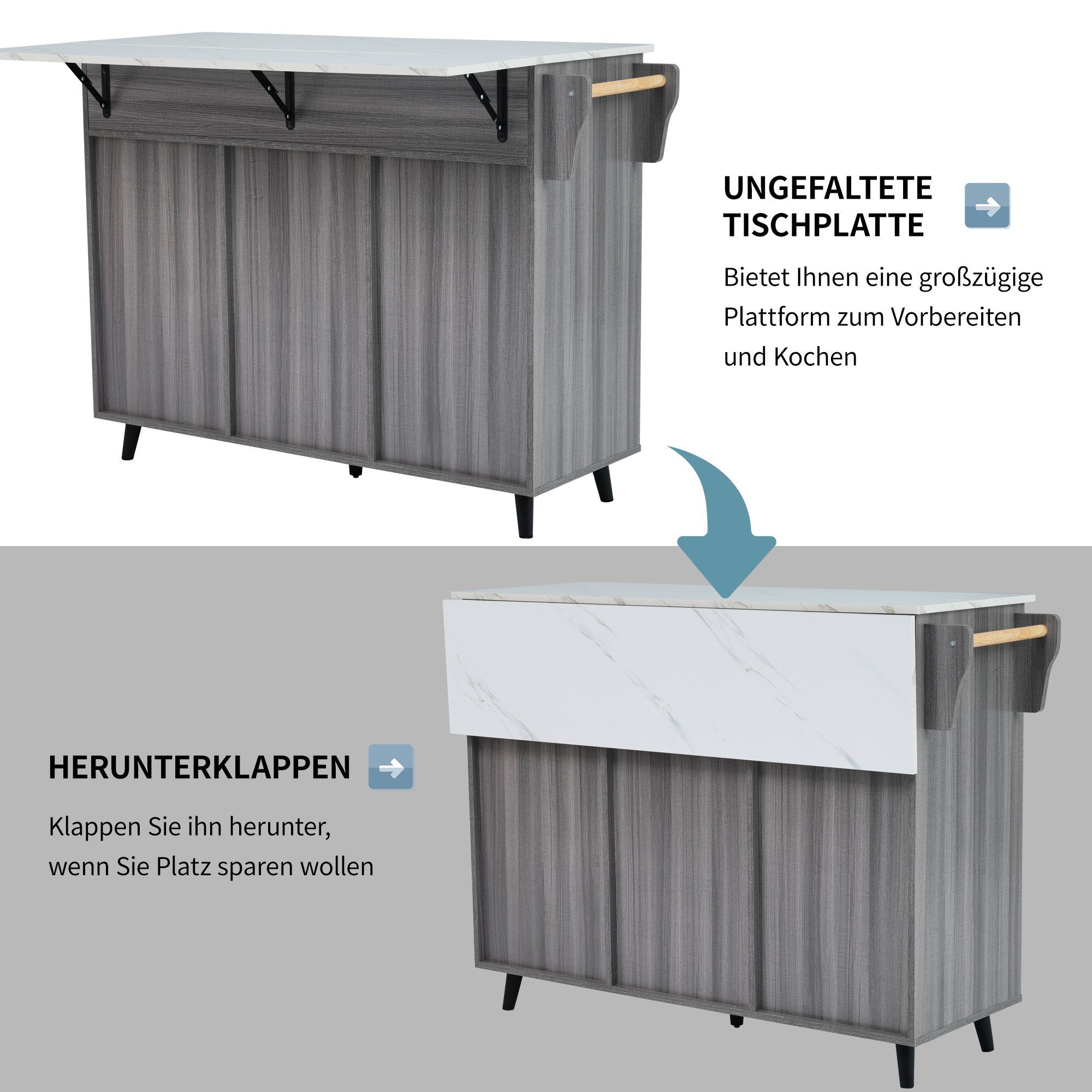 Merax Küchenwagen mit erweiterbarer Arbeitsplatte, Kücheninsel mit 5 Rollen, Servierwagen, Küchenschrank