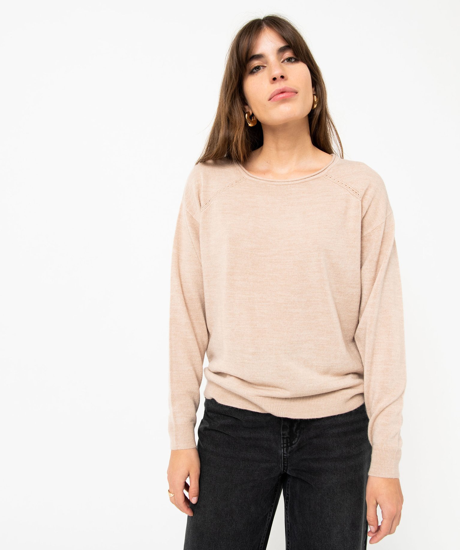 Pull à col rond finitions roulottées femme beige | GEMO