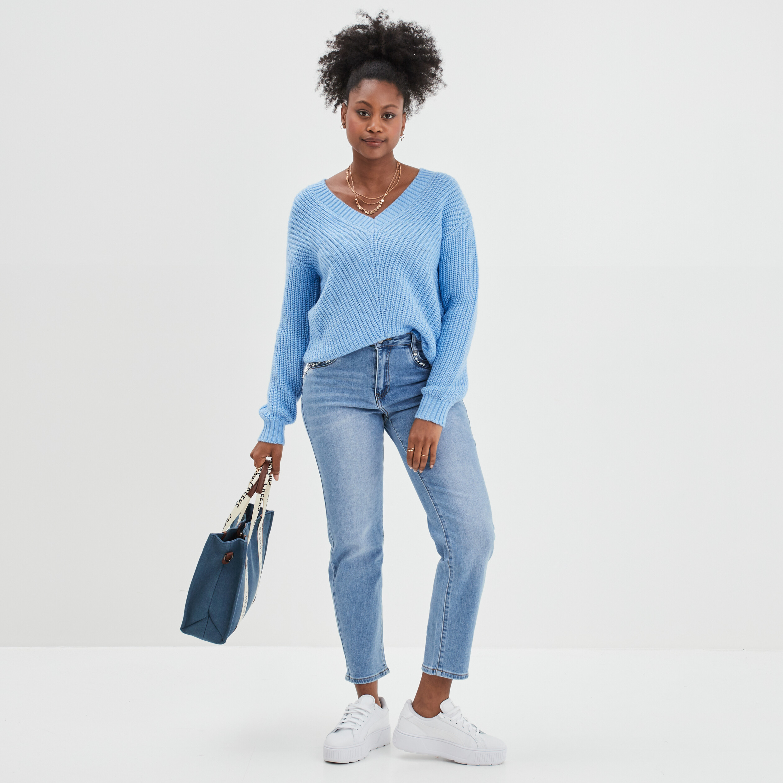 Pull col en V bleu femme | La Halle