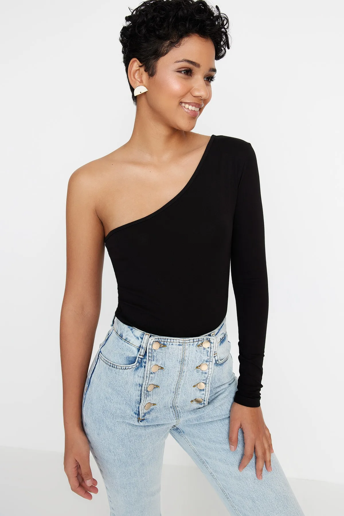 Trendyol Collection  Schwarzer, einärmliger Strick-Body aus Baumwollstretch mit Druckknöpfen TWOSS23BD00013