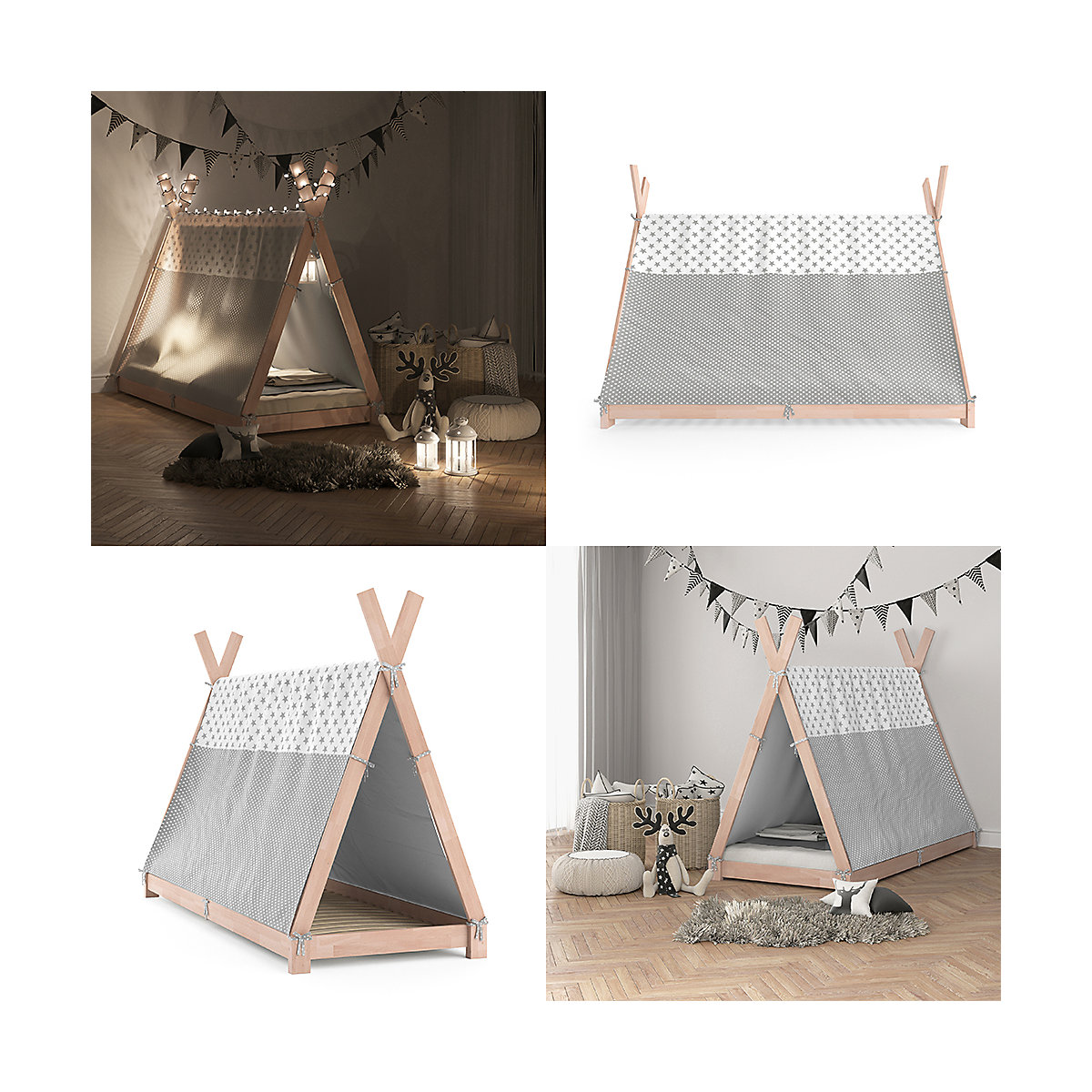 Kinderbett Hausbett Tipi + Überwurf 90x200cm Indianerzelt Indianerbett