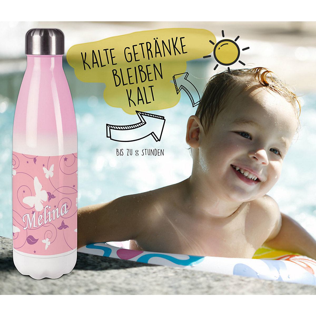 Edelstahl Kinder Thermoflasche / Trinkflasche bunt Schmetterling Ornamente Farbe rosa lila Spülmaschinenfest, Auslaufsicher, Bruchfest, Doppelwandig, Für Heißgetränke geeignet, Mit Deckel, Isolier