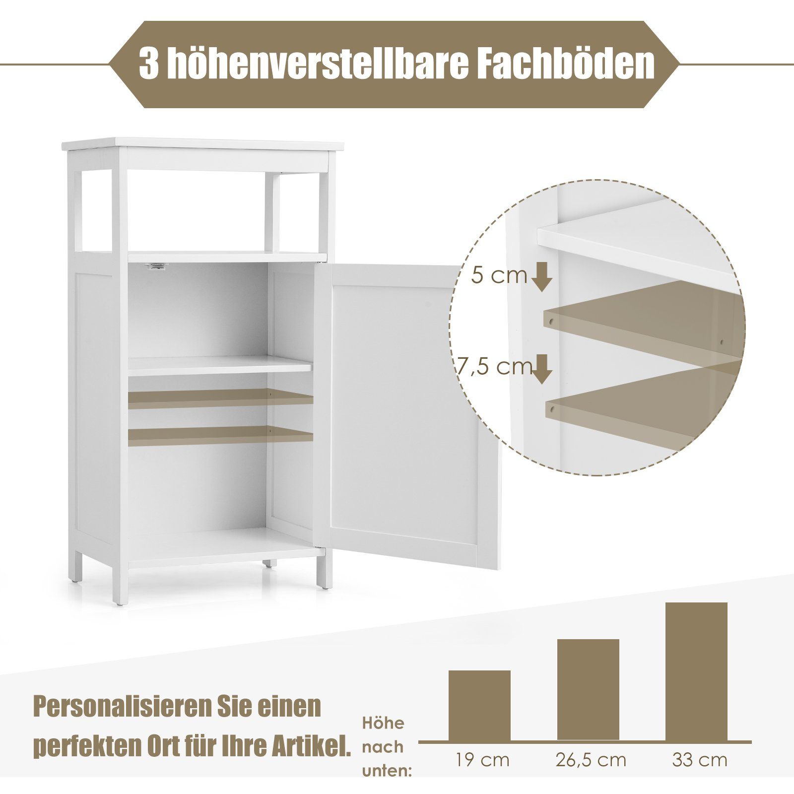 COSTWAY Badkommode, mit Einzeltür, verstellbarem Ablage, 45x30x84cm