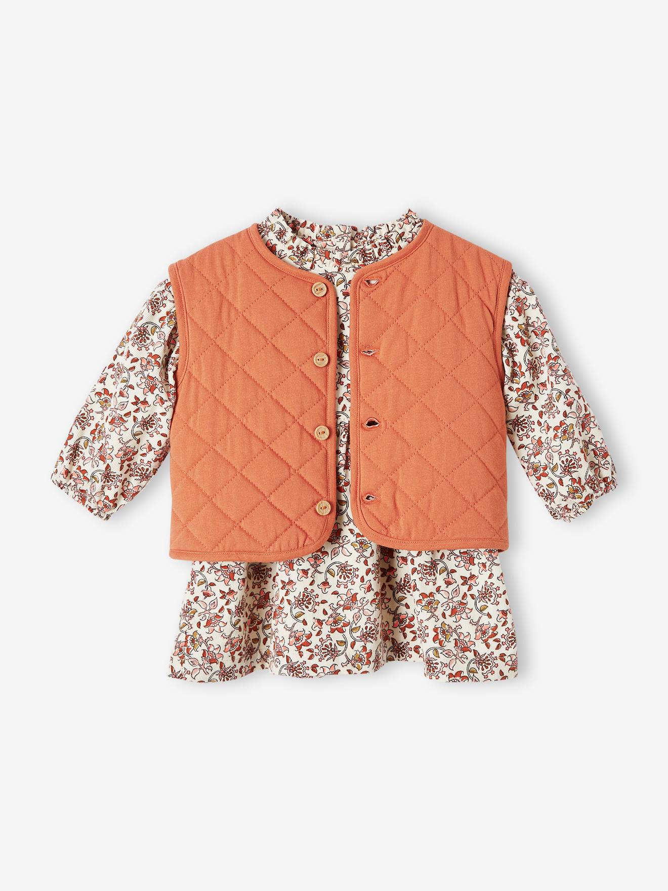 Vertbaudet 3-teiliges Baby-Set: Steppweste, Kleid & Haarband aus Samt - rost